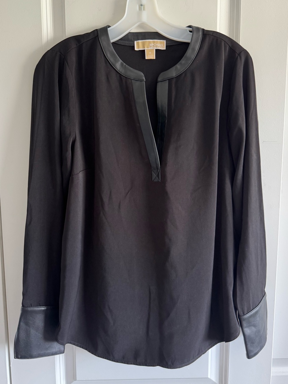 Michael Kors Black Long-Sleeve vegan Leather-Trim Split-Neck Blouse